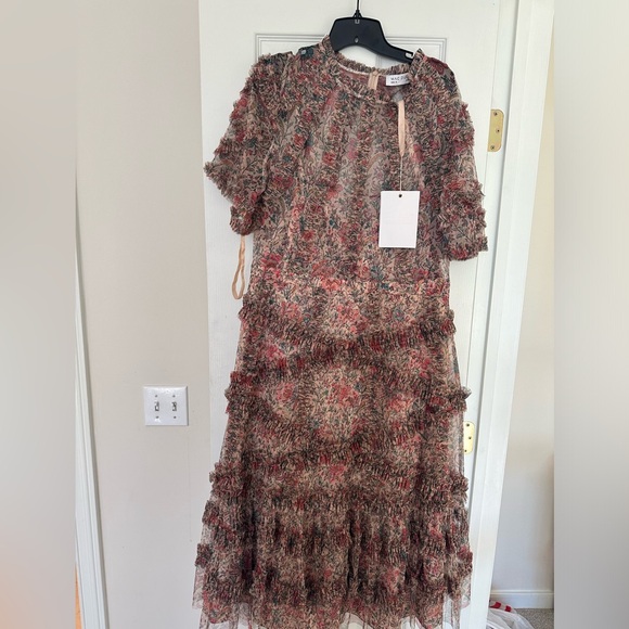Anthropologie by Mac Duggal 8010 Mesh Ruffle Botanical Vines Midi Dress Size 14 - Picture 6 of 6